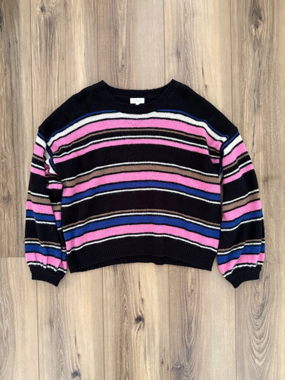 Promesa Black Striped Crewneck Sweater with Pink and Blue